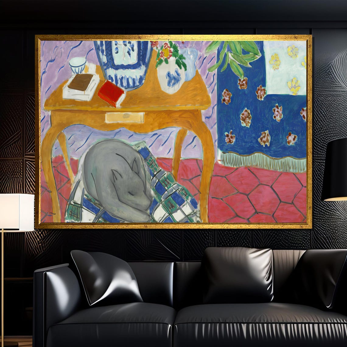 Blue And White Vase Still Life With Sleeping Cat Matisse Style Poster