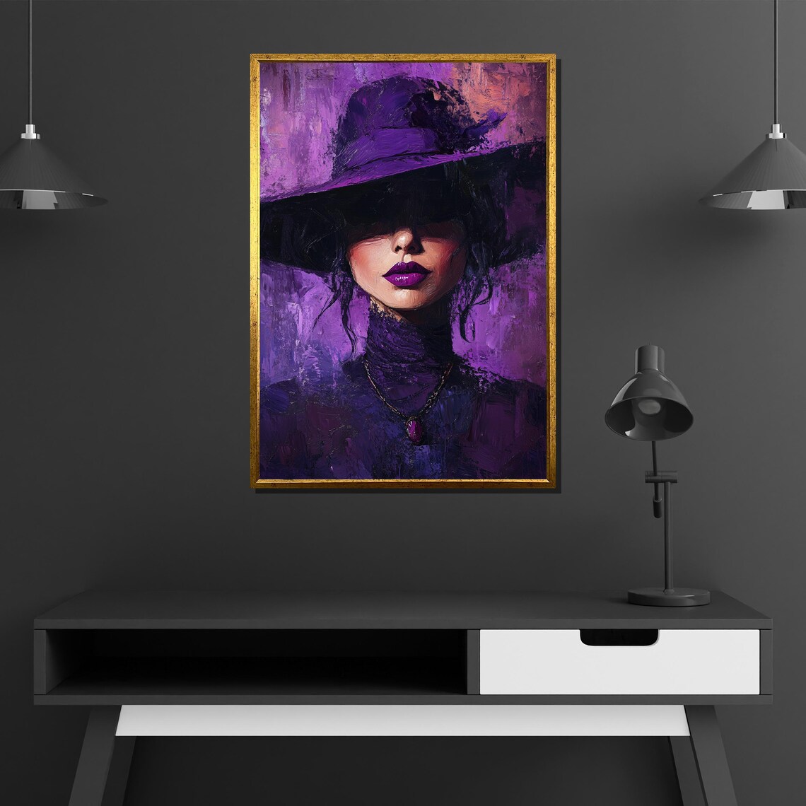 Purple Hat Woman Mysterious Oil Portrait Bold Fashion Violet Poster - Image 2