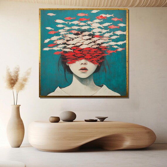 Mesmerizing Aquatic Dreamscape Face Entangled In Vibrant School Of Fish Canvas Painting Ready To Hang Gift Boho Wall Art Minimalist Decor