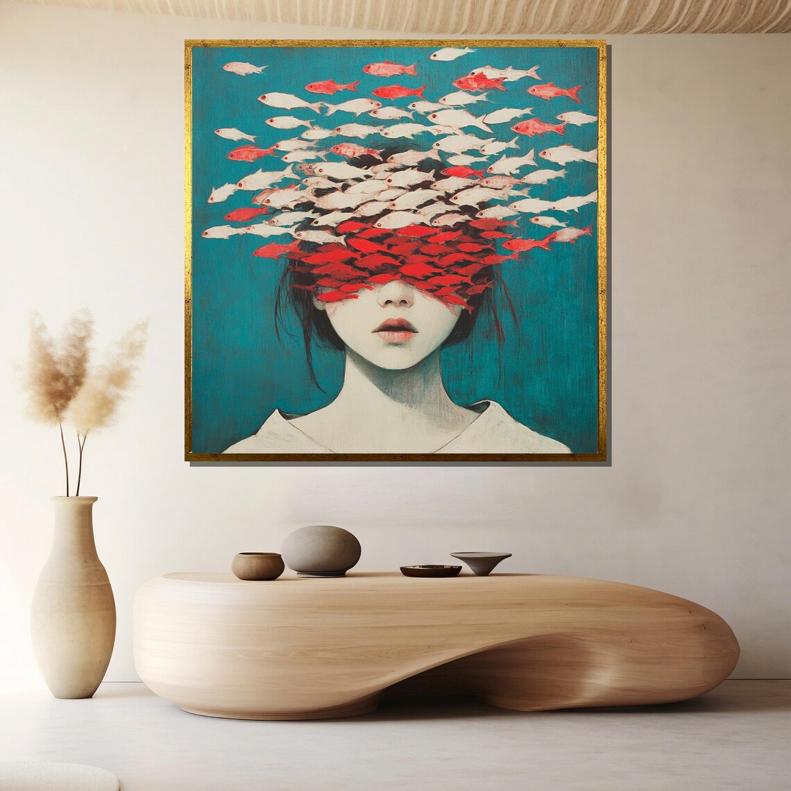 Woman with School of Red Fish Covering Eyes Aquatic Dream Art Poster