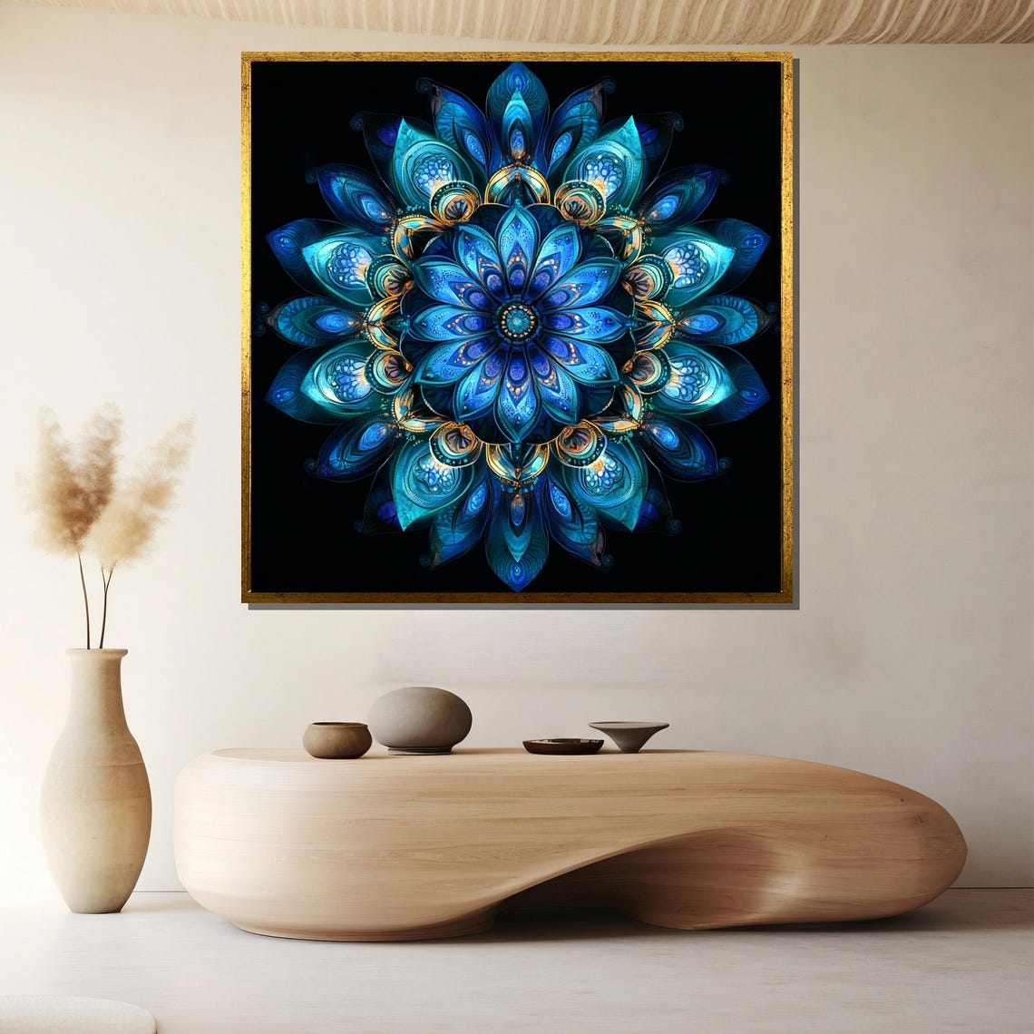 Teal Mandala Flower Black Background Geometric Symmetry Poster