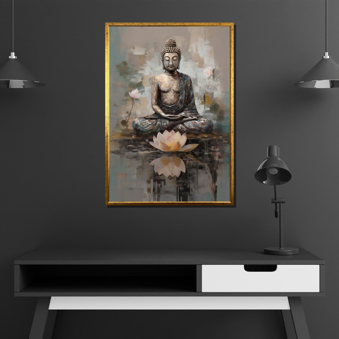 Meditating Buddha Lotus Flower Zen Spiritual Calm Oil Painting Poster - Image 3
