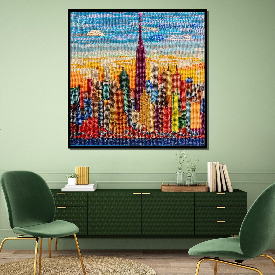 Colorful Bead Mosaic City Skyline New York Empire State Art Poster - Image 3