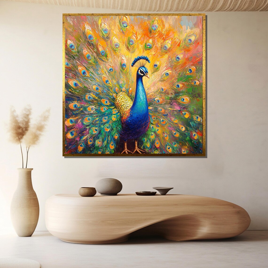 Dazzling Rainbow Peacock Fanned Feathers Colorful Impasto Poster - Image 2