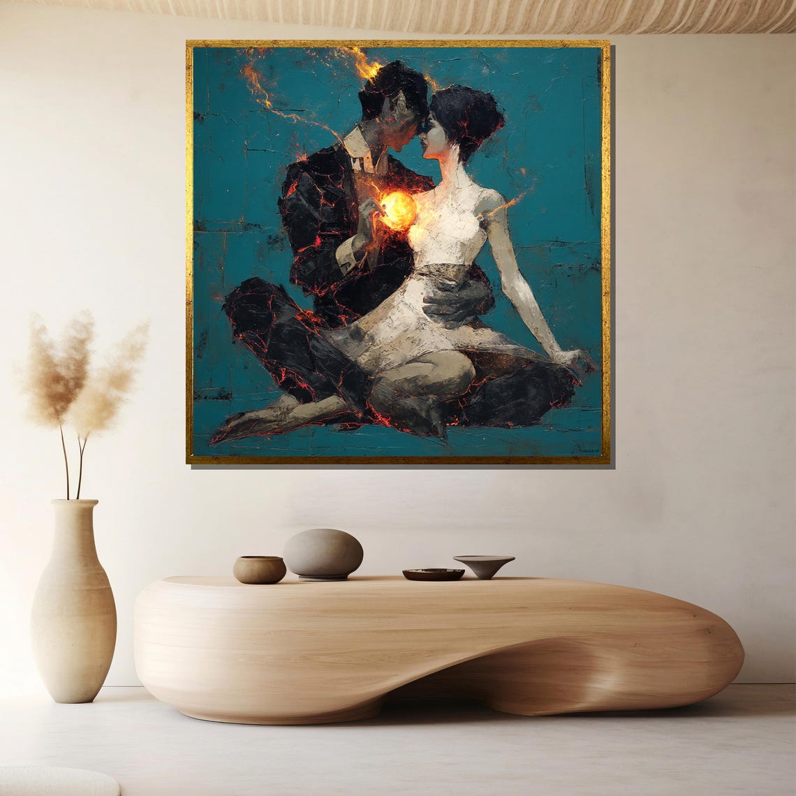 Lovers Embrace With Glowing Heart Romantic Dark Teal Art Poster - Image 4
