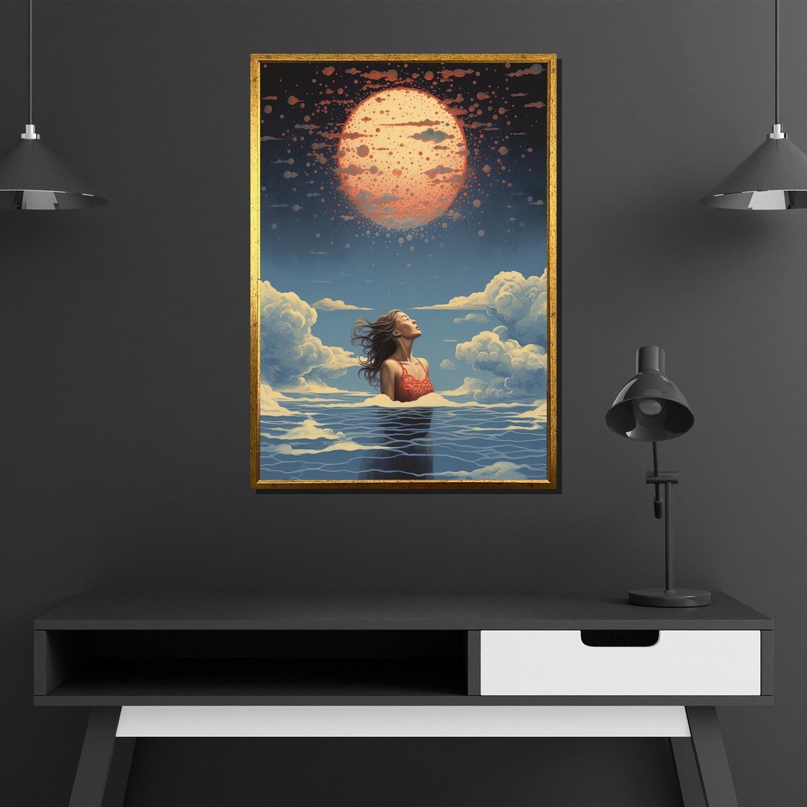 Dreamy Woman In Water With Surreal Sun Mystical Ocean Scene Poster - Image 4