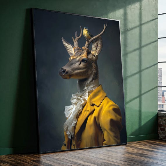 Regal Deer Portrait In Golden Velvet Jacket Canvas Painting Ready To Hang Gift Boho Animal Wall Art Modern Home Decor