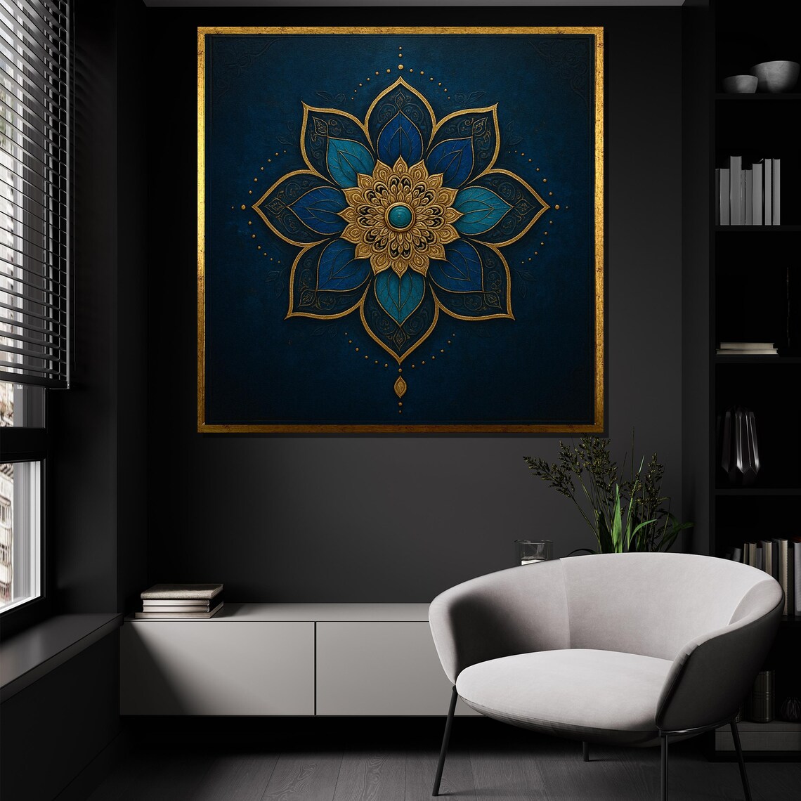 Serene Blue And Gold Mandala Lotus Flower Meditative Wall Poster - Image 3