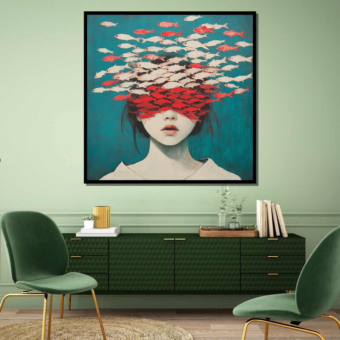 Woman with School of Red Fish Covering Eyes Aquatic Dream Art Poster - Image 3