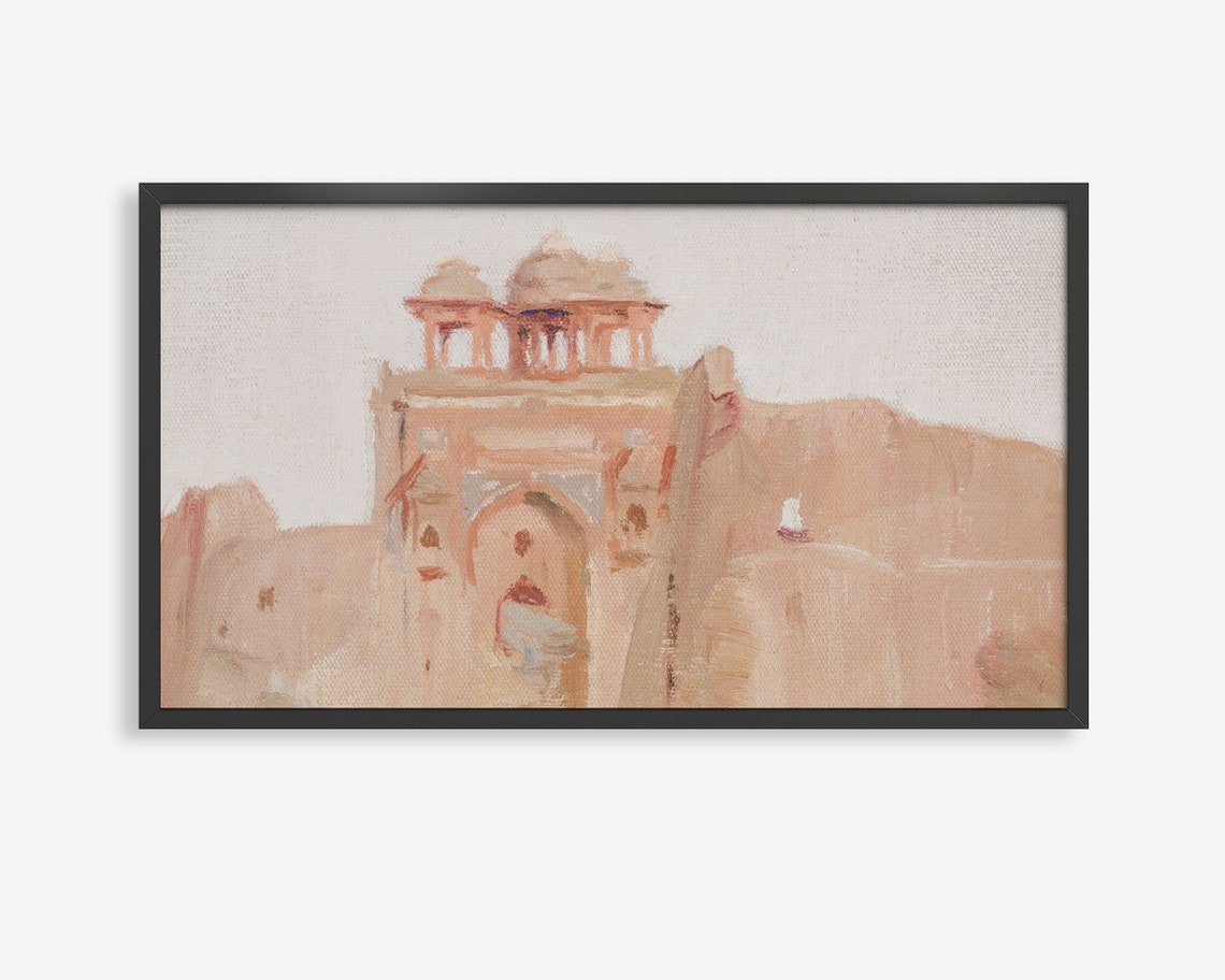 Pink Indian Temple Watercolor Poster Domed Architecture Desert Art