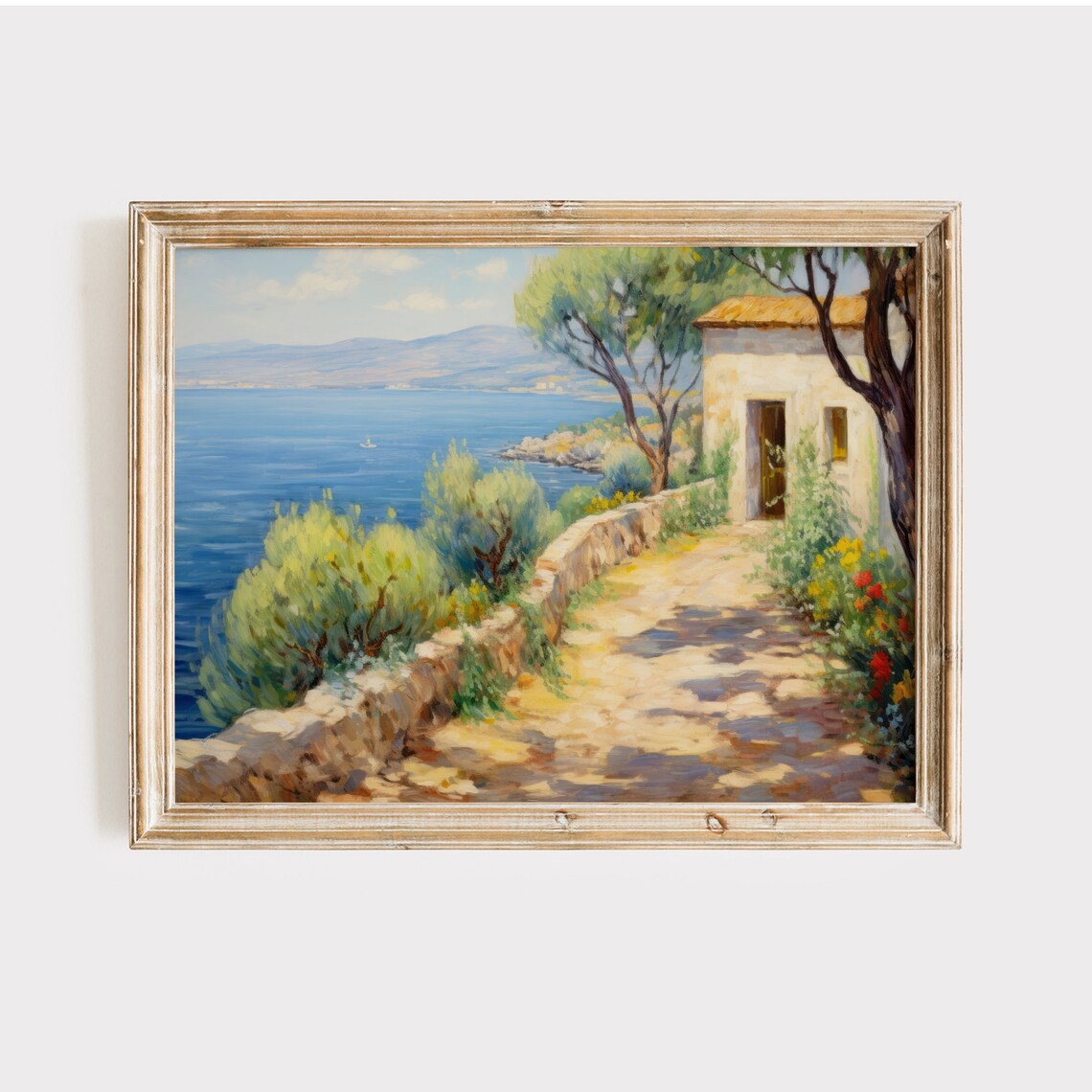 Mediterranean Coastal Cottage Path Sea View Oil Painting Print