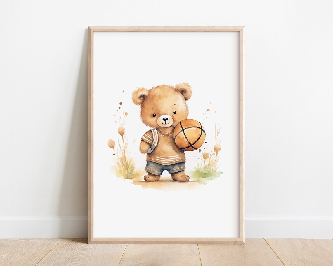 Teddy Bear Basketball Player Watercolor Cute Kids Sports Poster