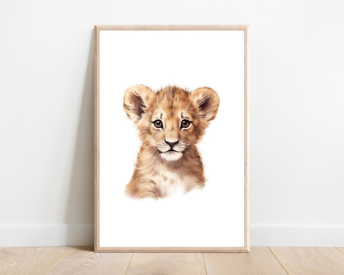Lion Cub Portrait Watercolor Poster, Safari Nursery Wall Decor Art