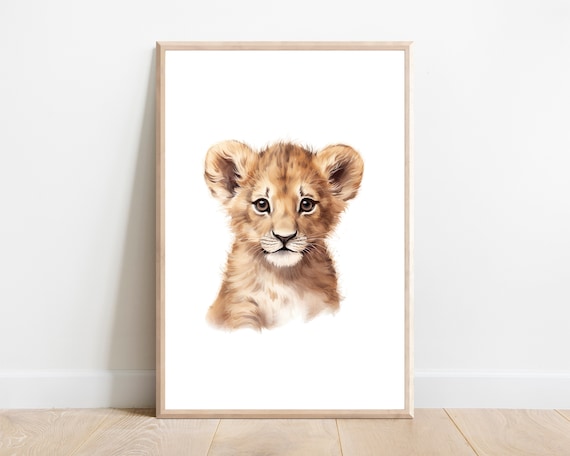Lion Cub Portrait Watercolor Poster, Safari Nursery Wall Decor Art