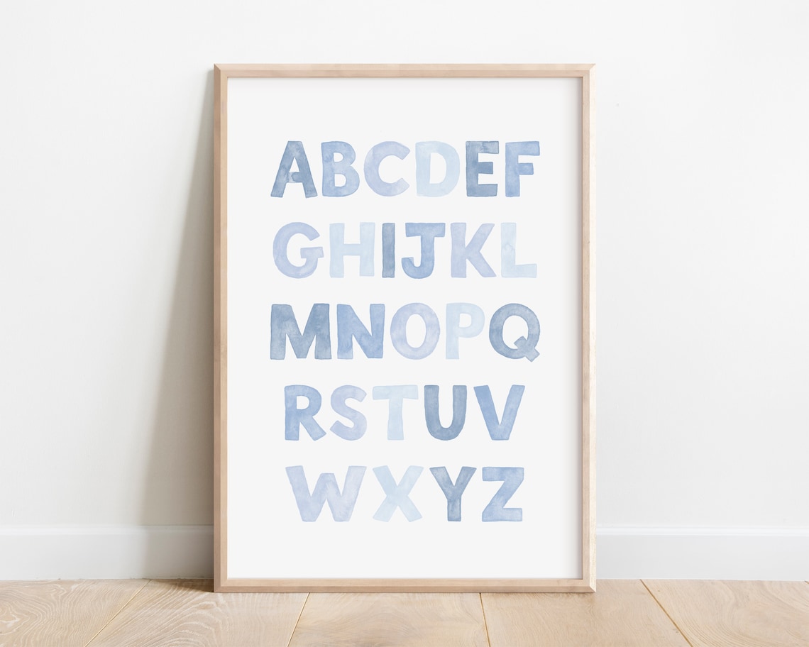 Baby Blue Alphabet Poster, Nursery Educational Print