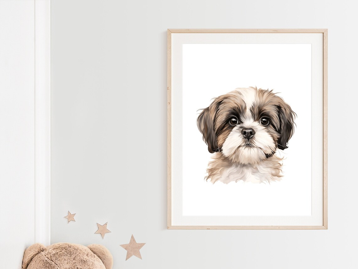 Fluffy Shih Tzu Puppy Watercolor Portrait Cute Nursery Print - Image 2