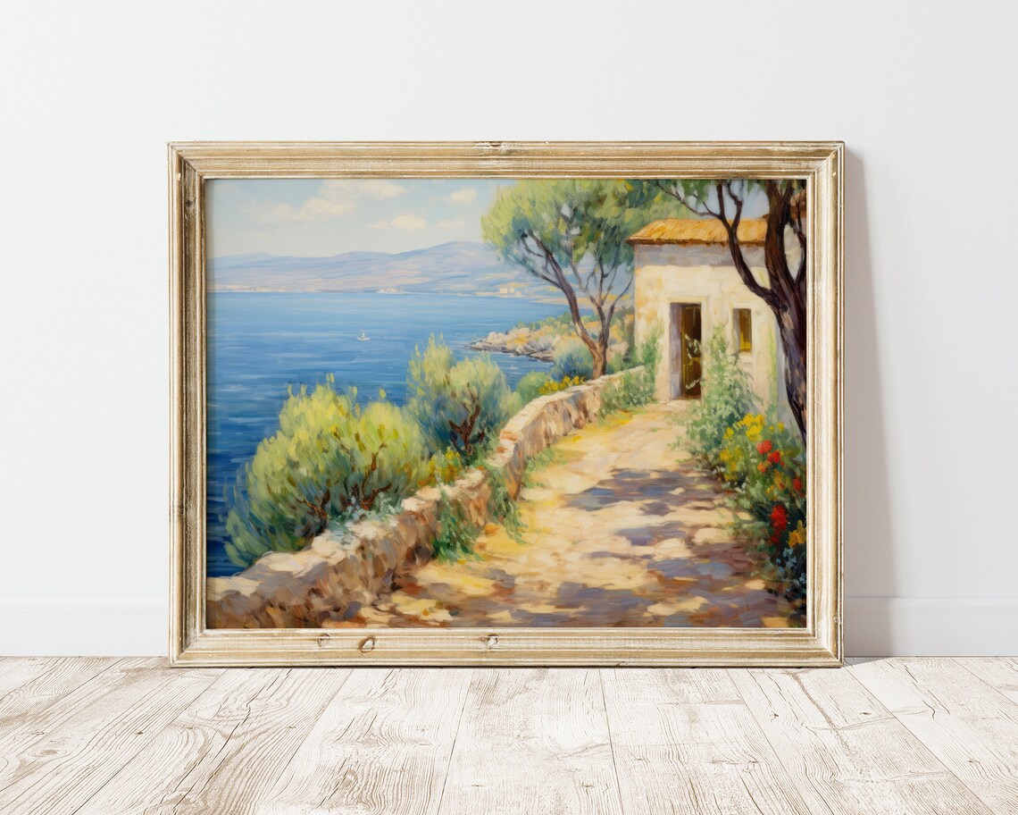 Mediterranean Coastal Cottage Path Sea View Oil Painting Print - Image 2