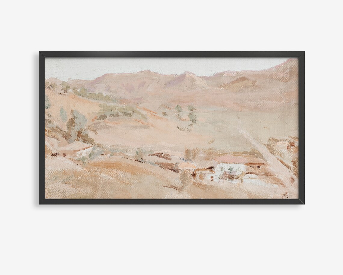 Hazy Hillside Village Watercolor Poster Mediterranean Landscape Art