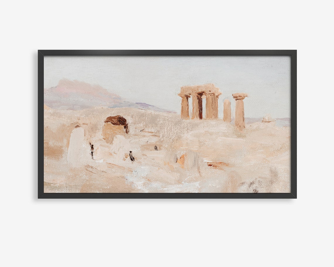 Ancient Greek Temple Ruins Watercolor Poster Stone Columns Art