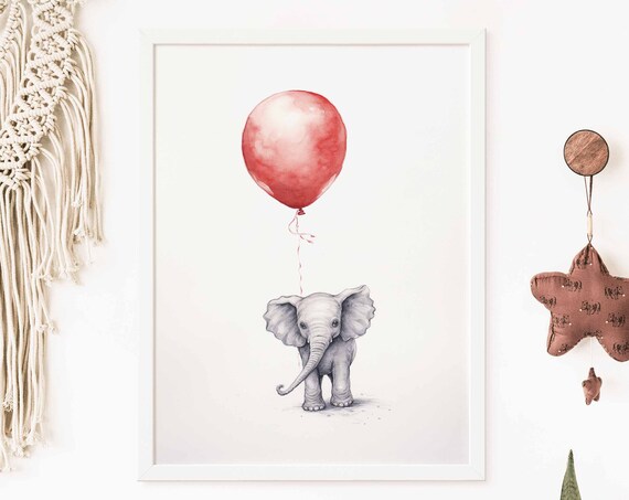 Tiny Baby Elephant with a Single Red Balloon Watercolor Poster