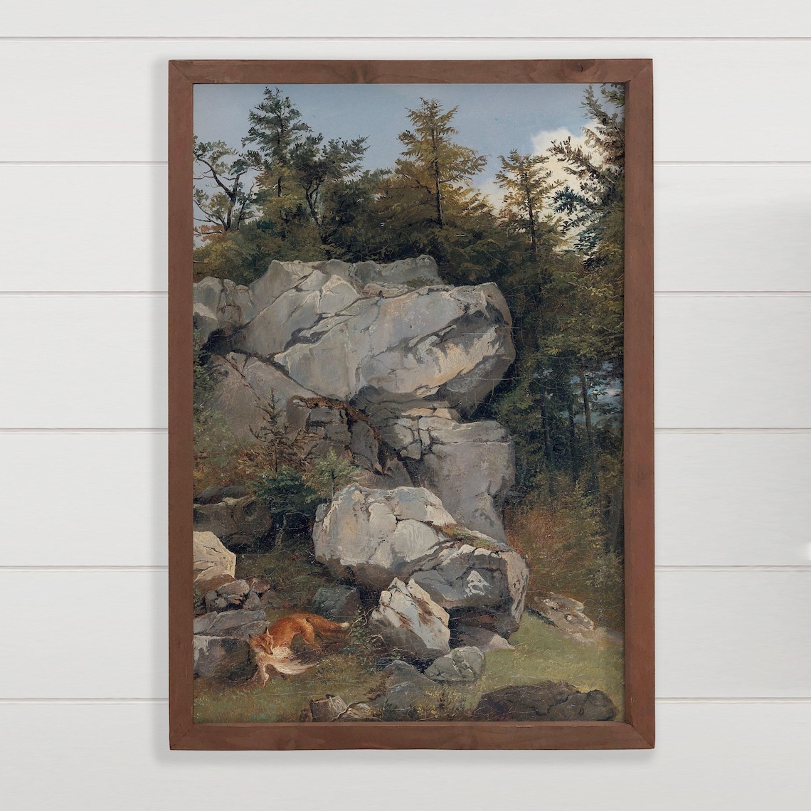 Red Fox Resting Among Forest Rocks Vintage Wildlife Art Poster
