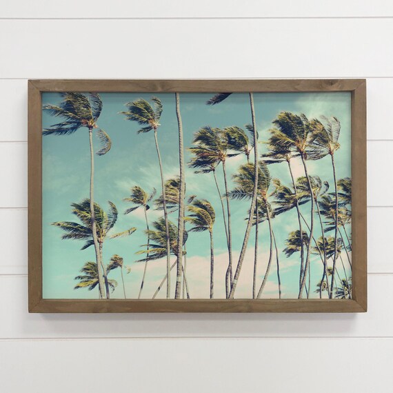 Beach Poster Framed Windswept Palm Trees Tropical Canvas Art Wood