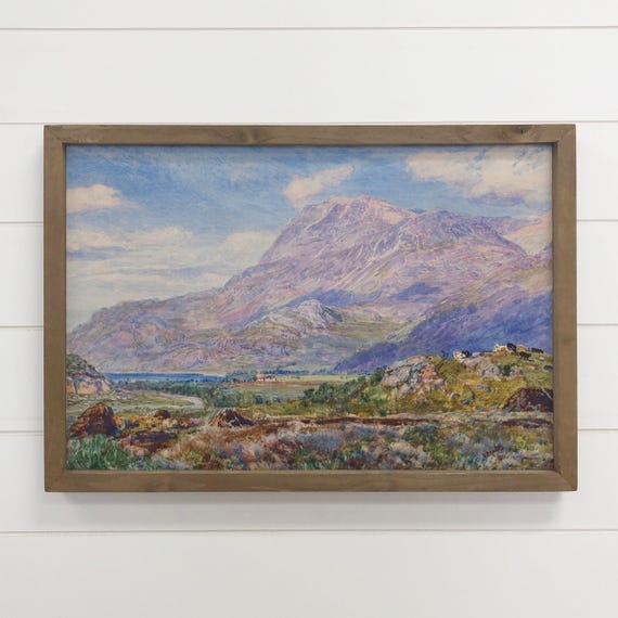 Wall Art Framed Vintage Purple Mountain Landscape Canvas Wood Frame