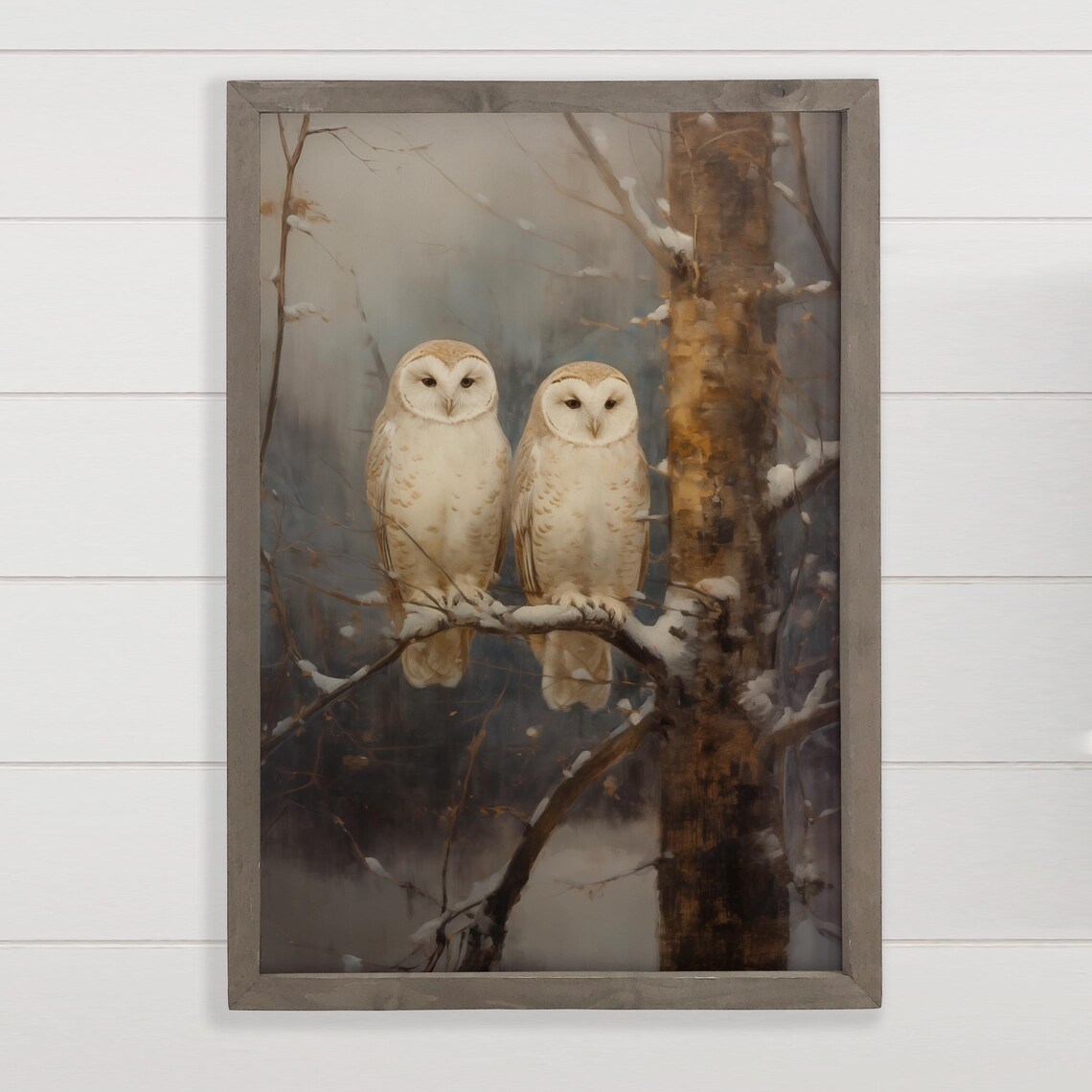 Two Snowy Owls on Winter Branch Soft Watercolor Wildlife Painting Poster