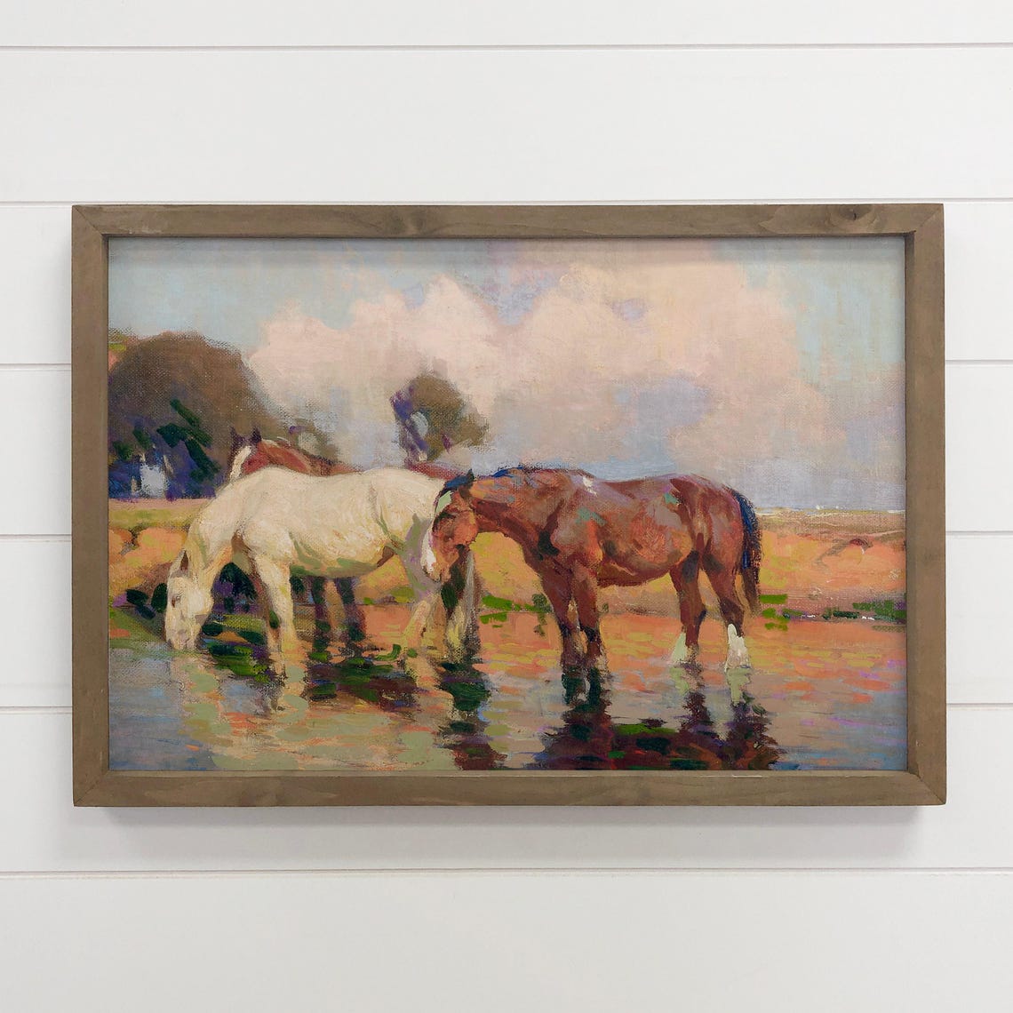 Horses Drinking at Water Hole Impressionist Equestrian Art Poster
