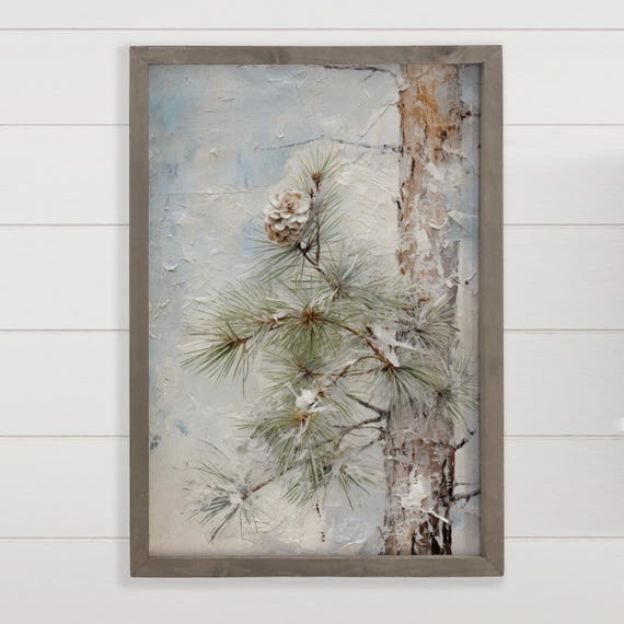 Winter Wall Decor Pinecone Tree Painting Pine Canvas Art Wood Framed