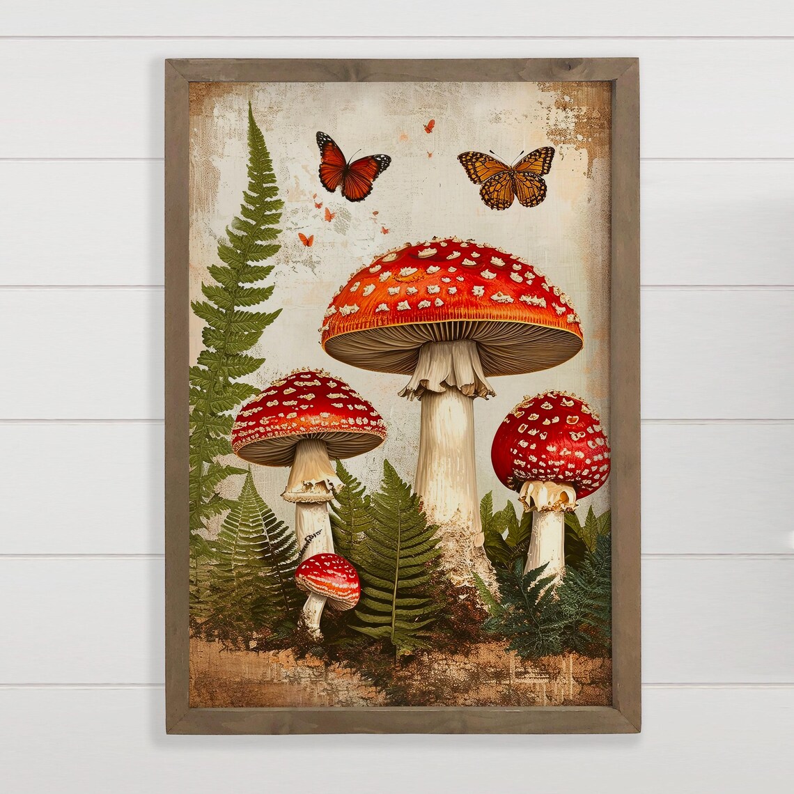 Vintage Fly Agaric Mushrooms Butterflies Ferns Botanical Art Poster