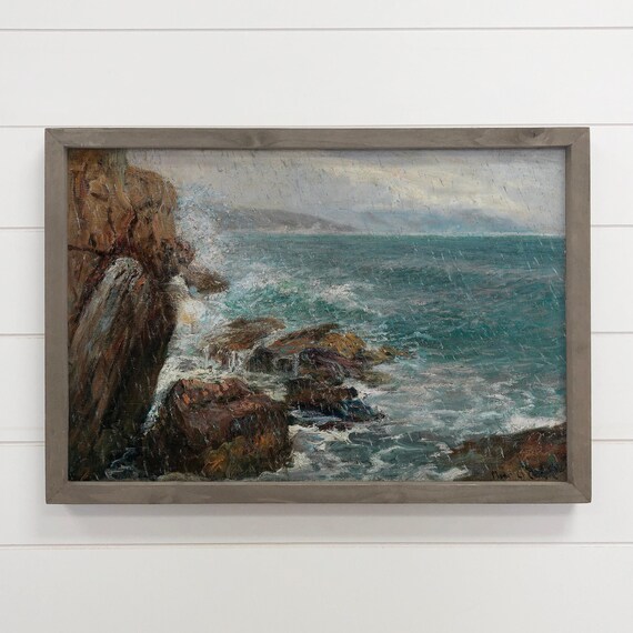 Stormy Waves Crashing on Rocky Coast Seascape Oil Painting Poster