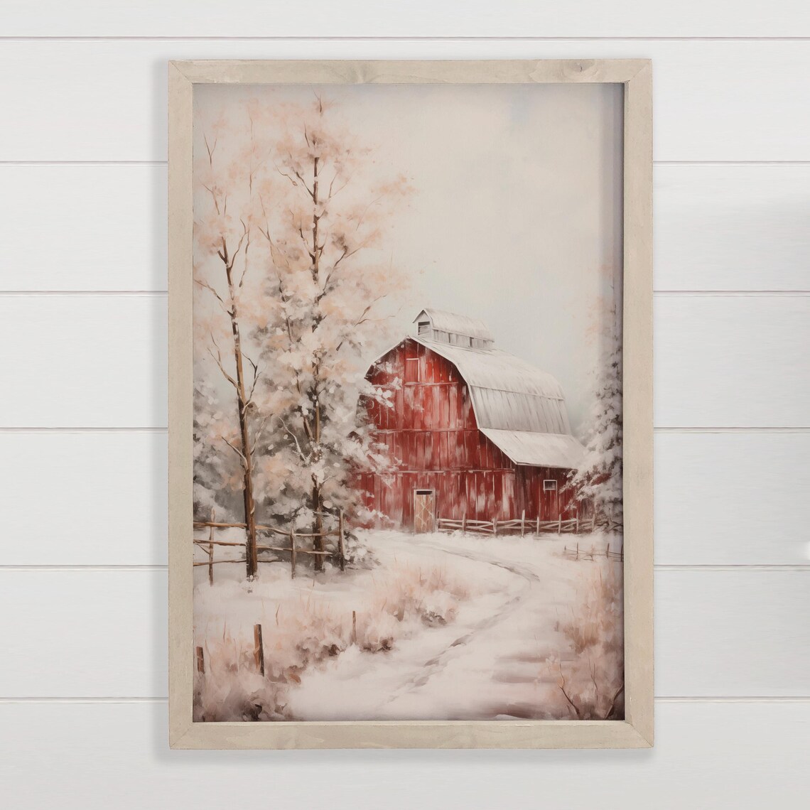 Snowy Winter Red Barn Scene, Wall Art Print