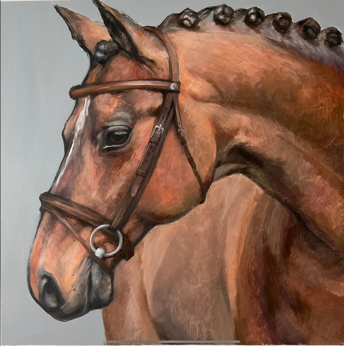 Chestnut Horse Head Profile Warm Tones Gray Background Acrylic Print - Image 2