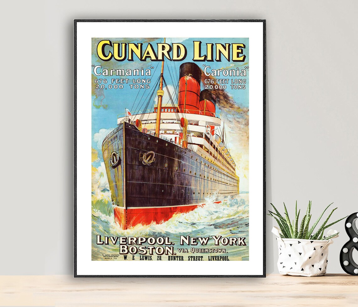 Cunard Line Carmania Caronia Vintage Travel Poster