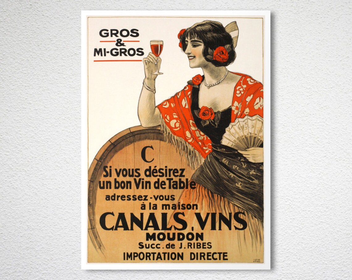 Canals Vins Moudon Gros Mi Gros French Wine Table Vintage Ad Poster - Image 2