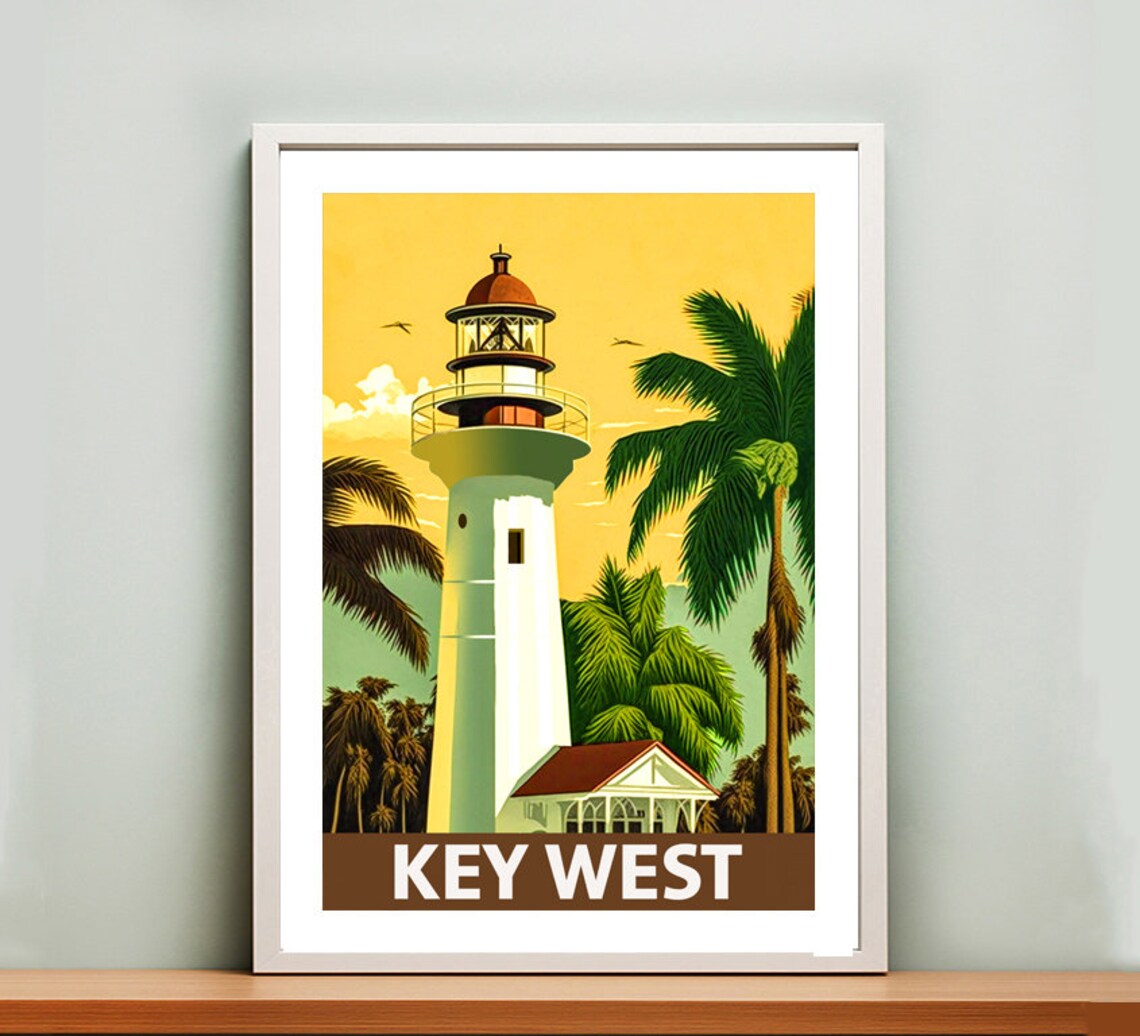 Key West Lighthouse Palm Trees Golden Sunset Vintage Florida Poster