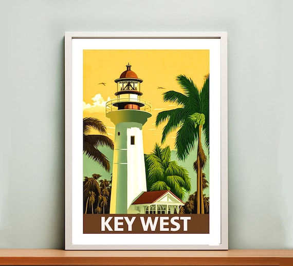 Key West Lighthouse Palm Trees Golden Sunset Vintage Florida Poster