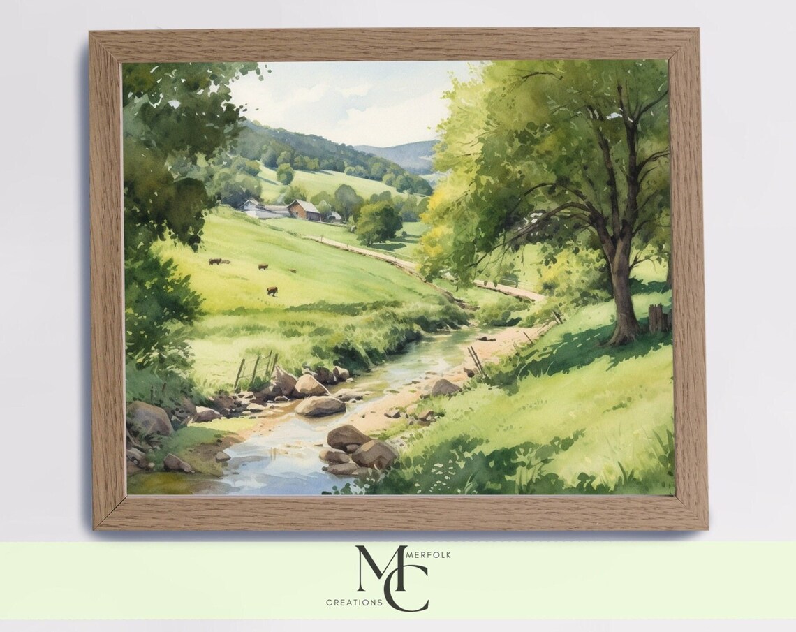Green Valley Stream with Grazing Cows Spring Watercolor Poster