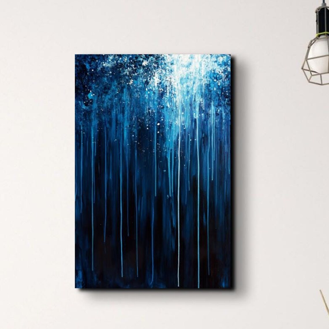 Midnight Blue Rain Streaks Abstract Moody Night Sky Art Poster