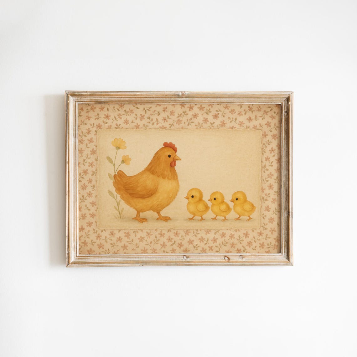 Hen And Three Yellow Chicks Vintage Farmhouse Nursery Art Poster