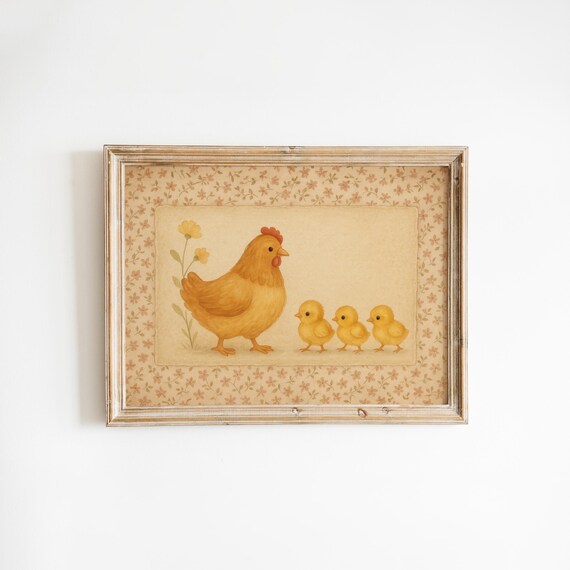 Hen And Three Yellow Chicks Vintage Farmhouse Nursery Art Poster