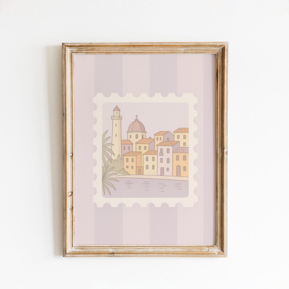 Italian Coastal Church Dome Lighthouse Palm Pastel Stamp Poster