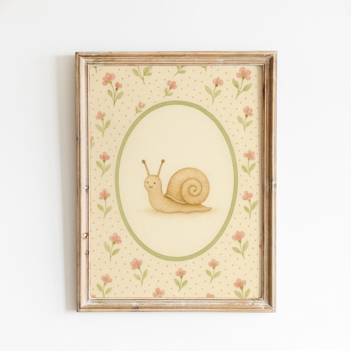 Smiling Snail Nursery Poster Vintage Garden Animal With Floral Background
