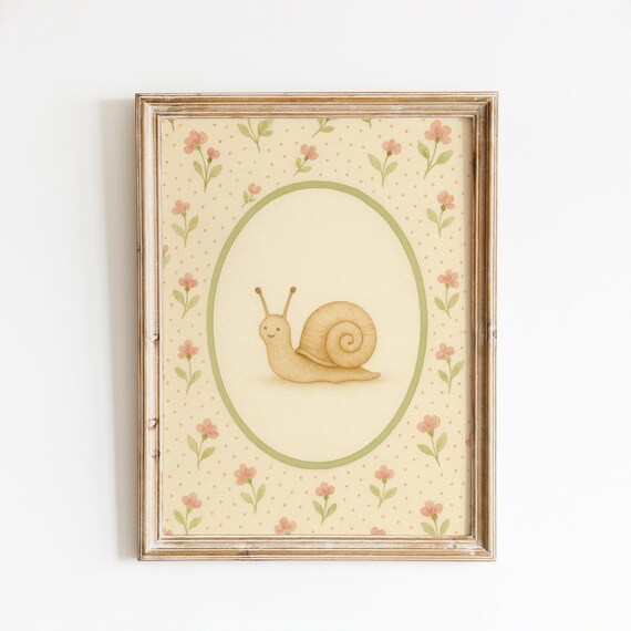 Smiling Snail Nursery Poster Vintage Garden Animal With Floral Background