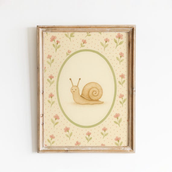 Vintage Oval Snail Nursery Poster Cute Pastel Garden Animal Wall Art