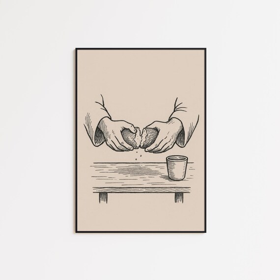 Breaking Bread Hands Communion Christian Faith Table Line Poster