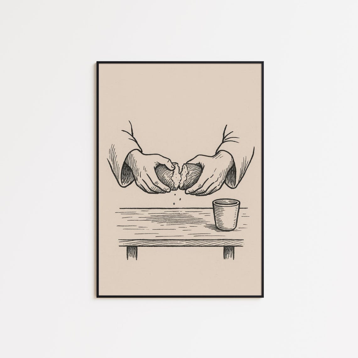 Breaking Bread Hands Communion Christian Faith Table Line Poster