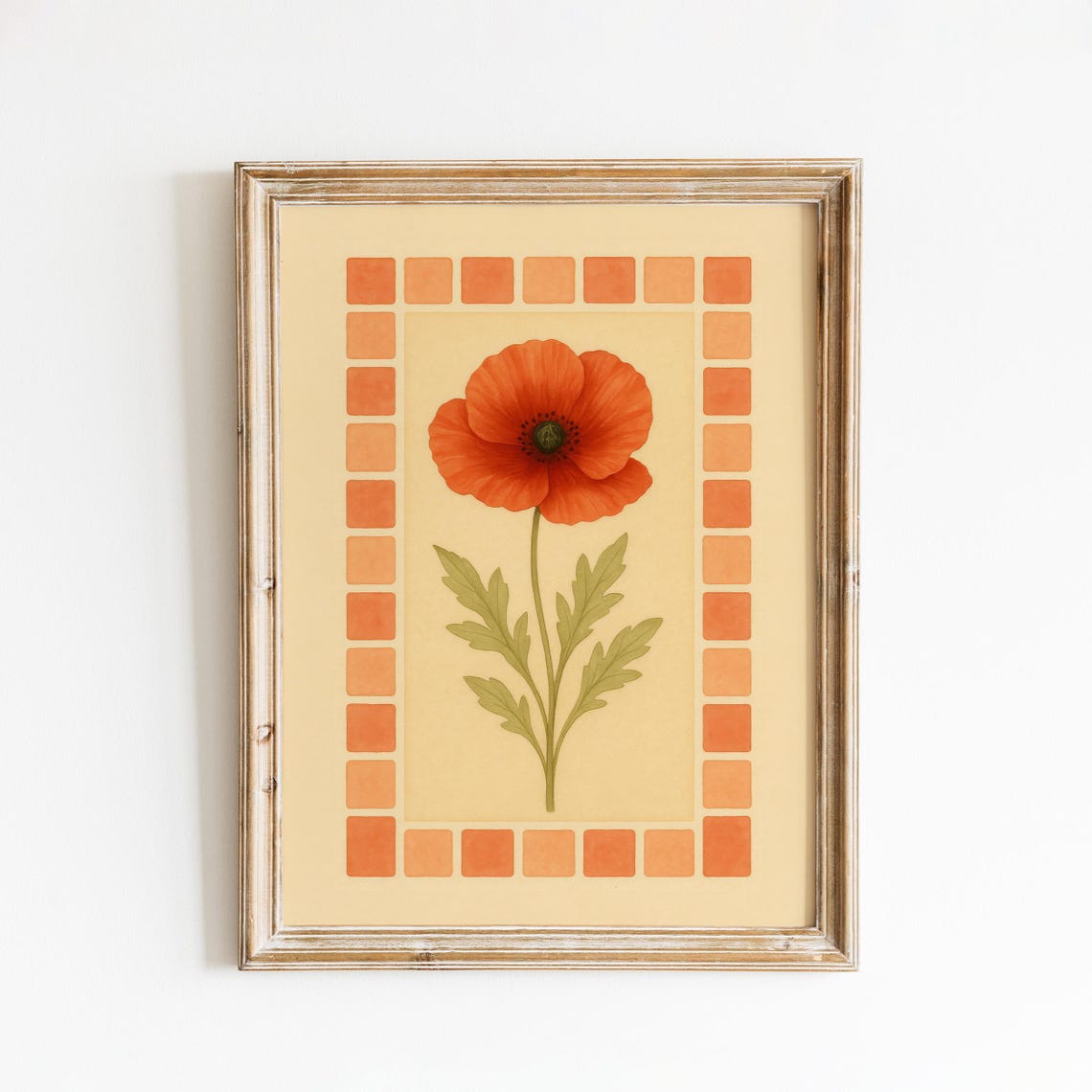 Red Poppy Bold Single Bloom Rust Tile Border Botanical Poster