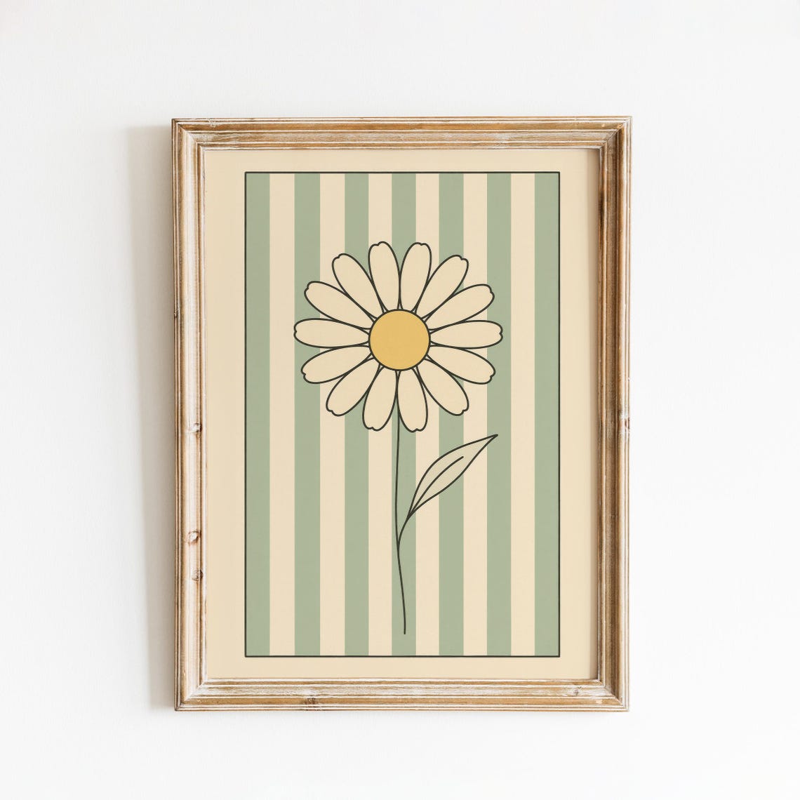 Cream Daisy Framed Panel Green Striped Vintage Botanical Poster